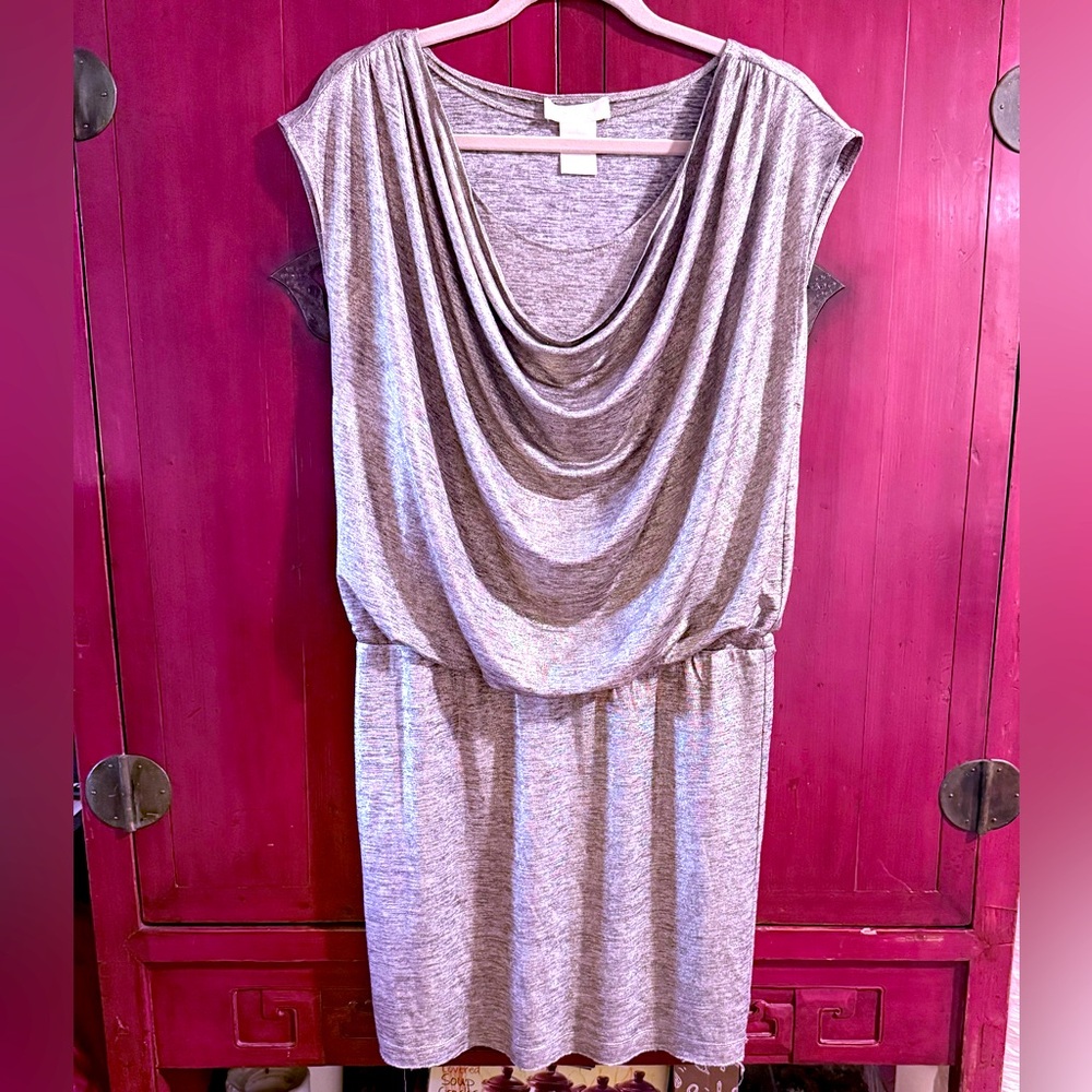 MM Couture Dress Lovely Dappled Gold Draped & Layered Front Stretchy VGUC - Picture 1 of 7